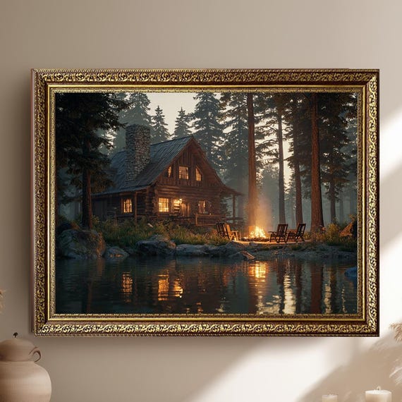 Cozy Rustic Cabin By The Lake Wall Art Warm Campfire In Forest Lodge Landscape Photography For Nature Home Decor