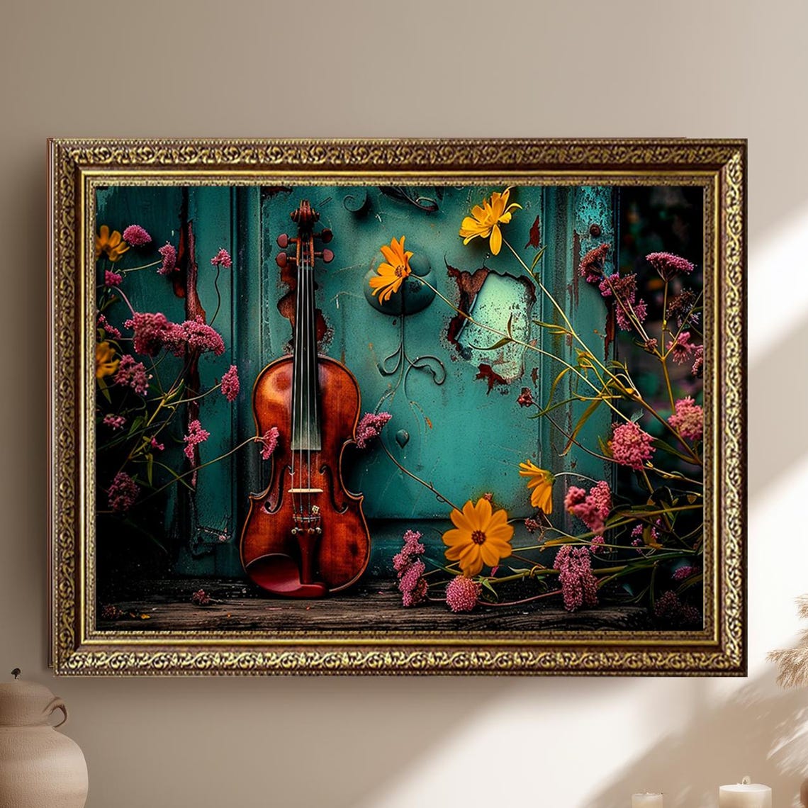 Vintage Violin Against Rustic Blue Door Wildflowers Art Print