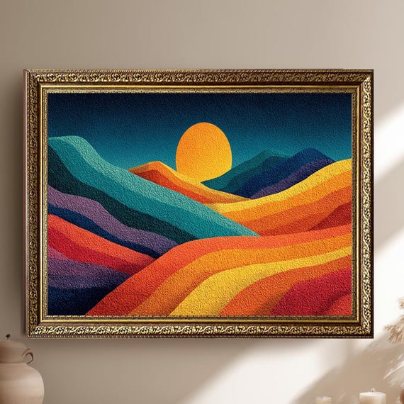 Retro Sunset Mountain Canvas Wall Art Colorful Abstract Landscape Print Vibrant Boho Home Decor Mid Century Modern Artwork