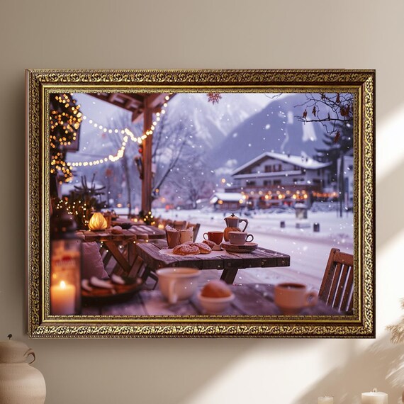 Cozy Winter Chalet Cafe with Snowy Mountains Holiday Wall Art