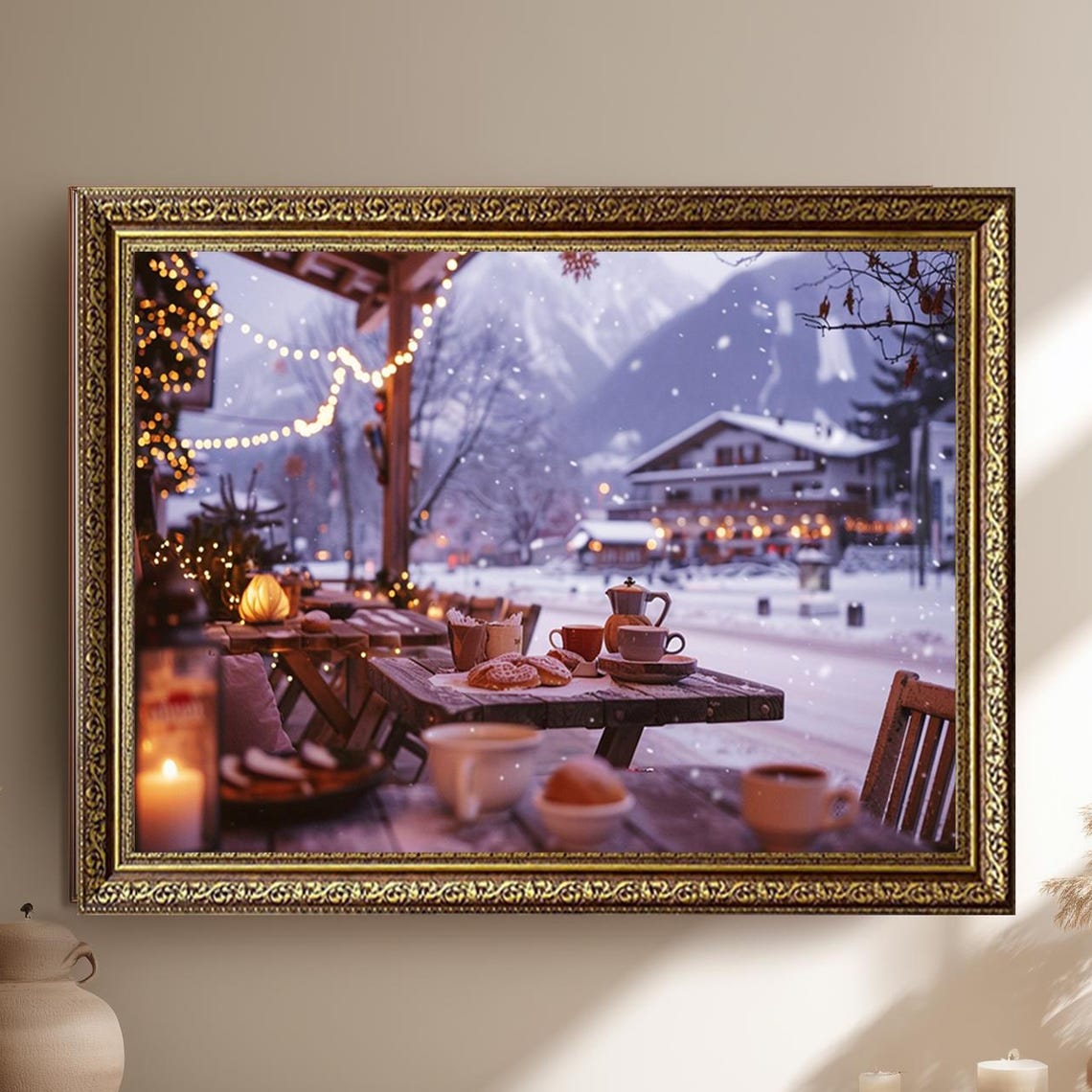 Cozy Winter Chalet Cafe with Snowy Mountains Holiday Wall Art