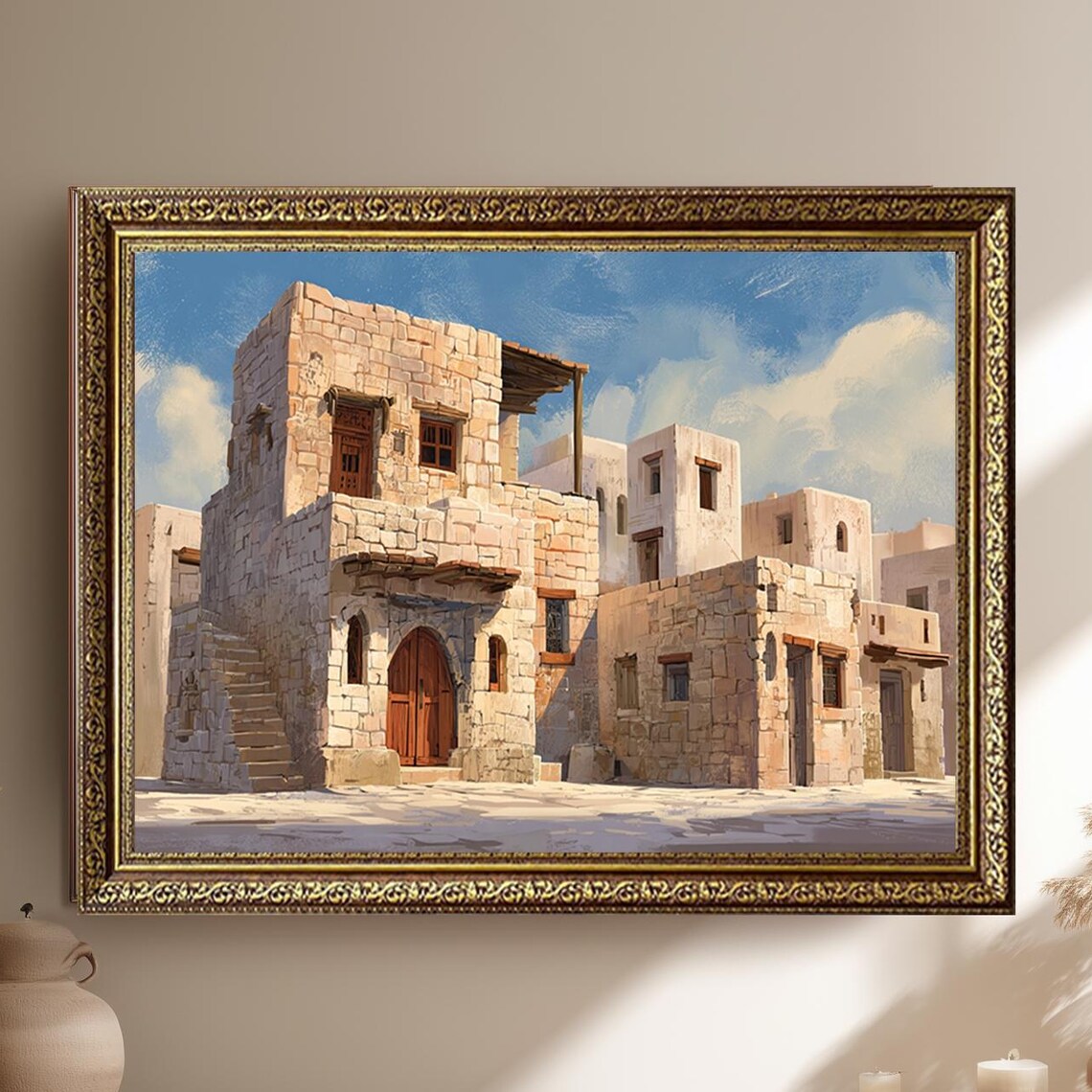 Sunlit Mediterranean Stone Village Oil Painting Coastal Scene Poster