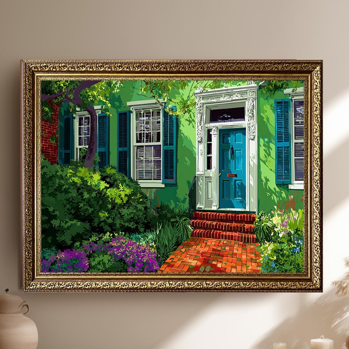Green Cottage Blue Door Brick Path Flower Garden Oil Painting Poster