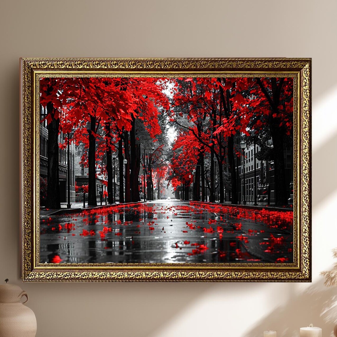 Red Autumn Leaves City Street Black and White Photo Wall Art