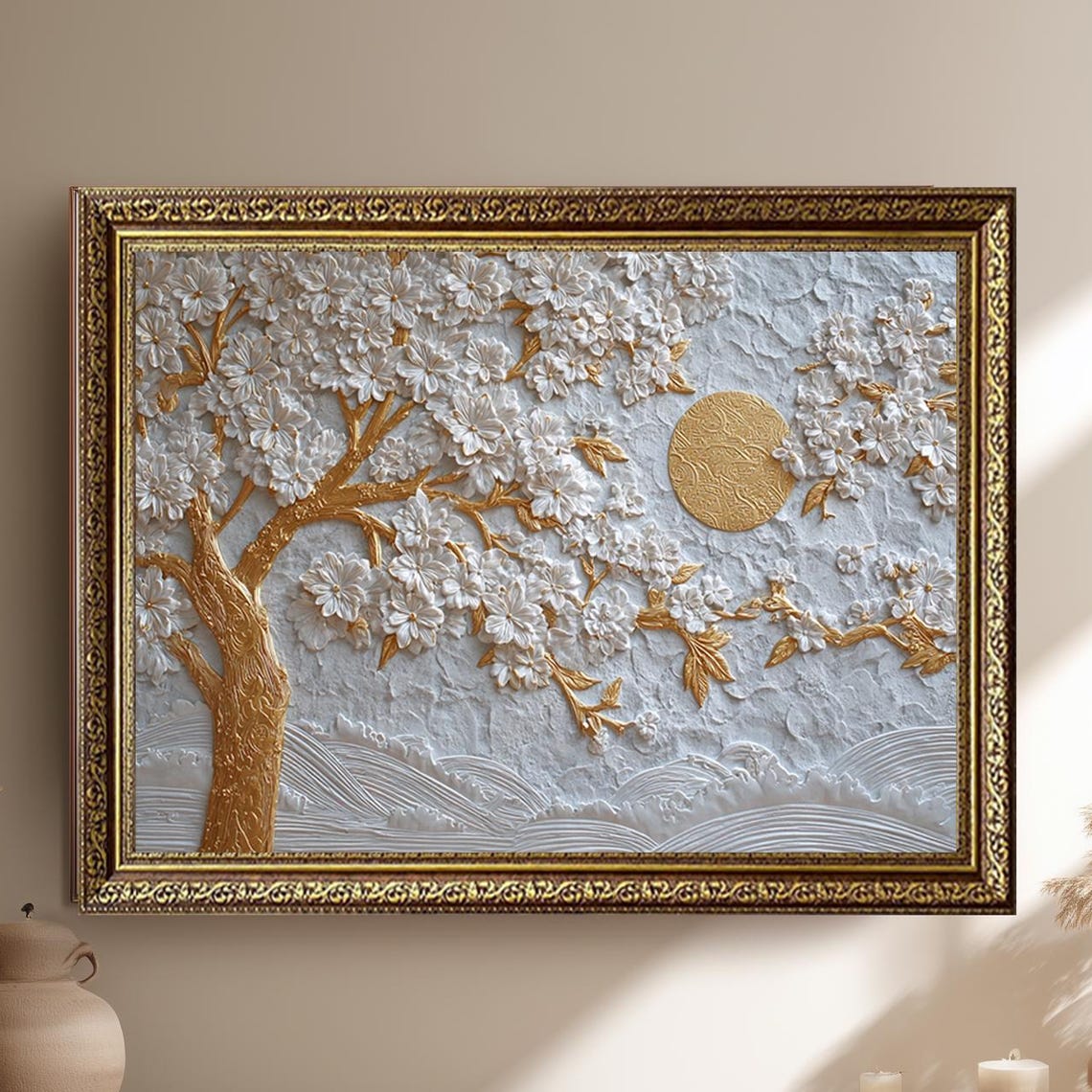 White and Gold Embossed Cherry Blossom Tree Relief Decor Poster