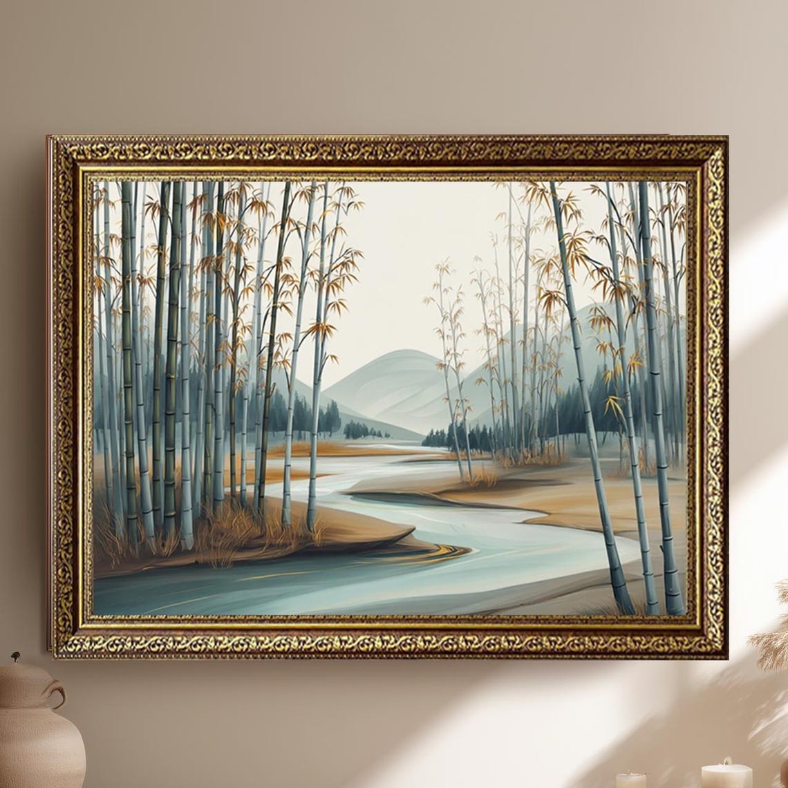 Misty Bamboo River With Distant Mountains Tranquil Zen Nature Wall Art
