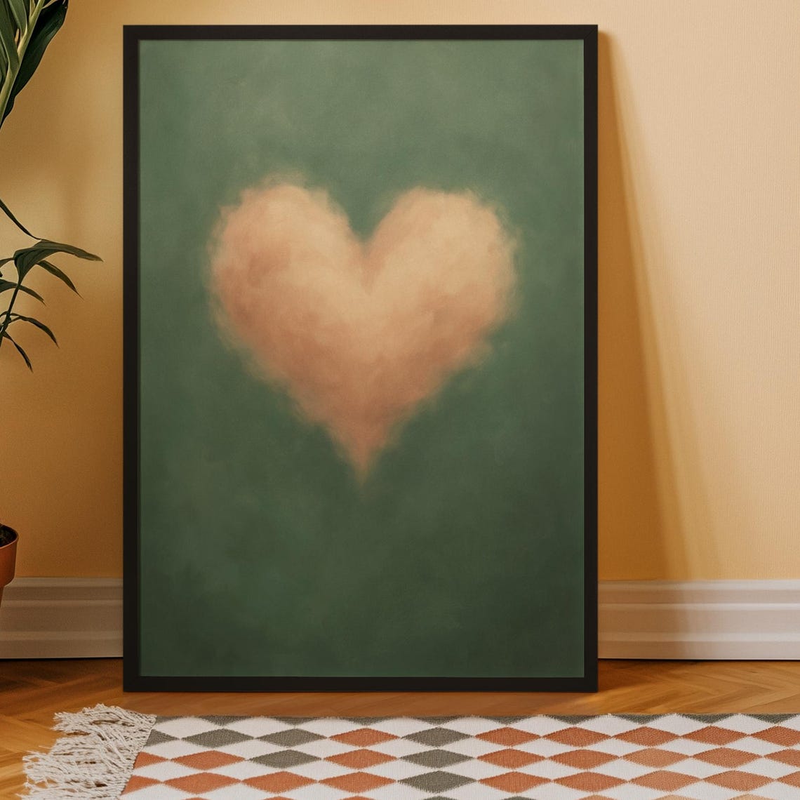Sage Green Blush Pink Heart Cloud Minimalist Dreamy Wall Art