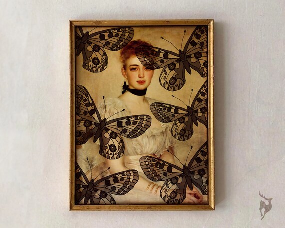 Altered Art Portrait Of Classic Beauty With Dark Patterned Butterflies Print