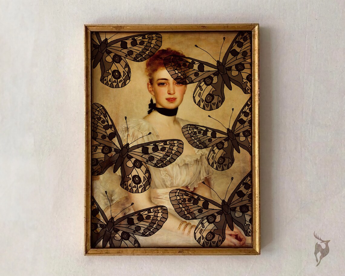 Altered Art Portrait Of Classic Beauty With Dark Patterned Butterflies Print