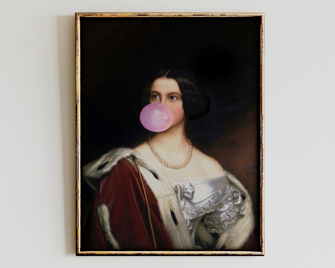 Victorian Noblewoman Blowing a Pink Bubblegum Bubble Portrait Poster