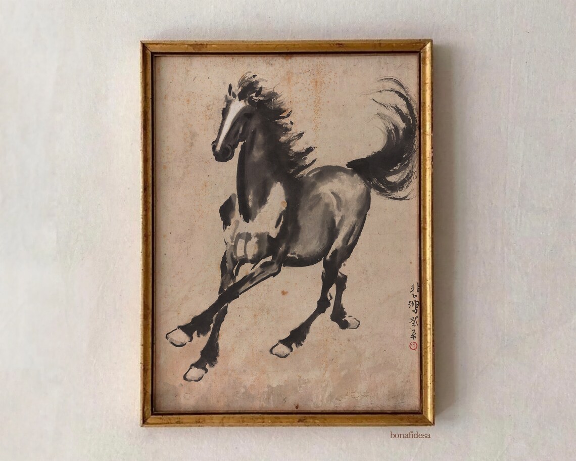 Black Ink Wash Horse Galloping Traditional Chinese Art Poster