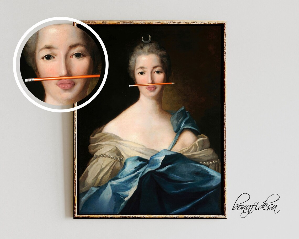 Funny Altered Antique Portrait Woman With Pencil Eclectic Humor Poster