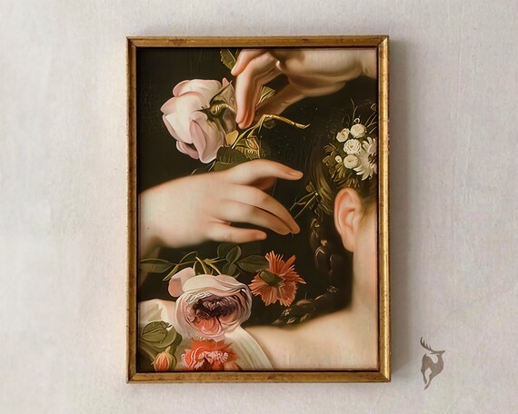 Moody Baroque Hands Roses Hidden Face Dark Feminine Altered Art Print