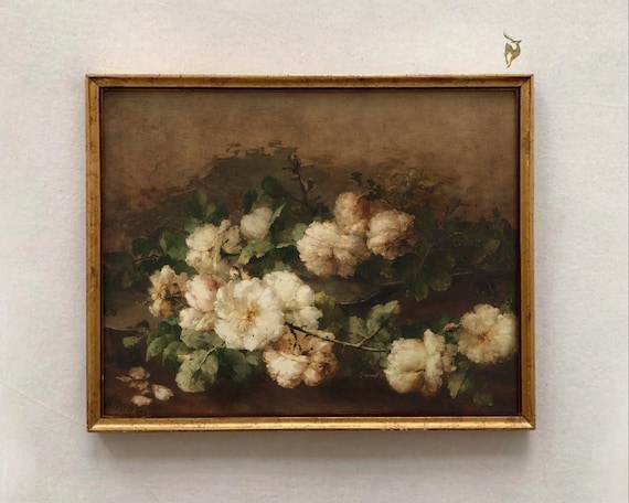Still Life Roses Painting Antique Oil Moody Floral Vintage Botanical Art Print Wall