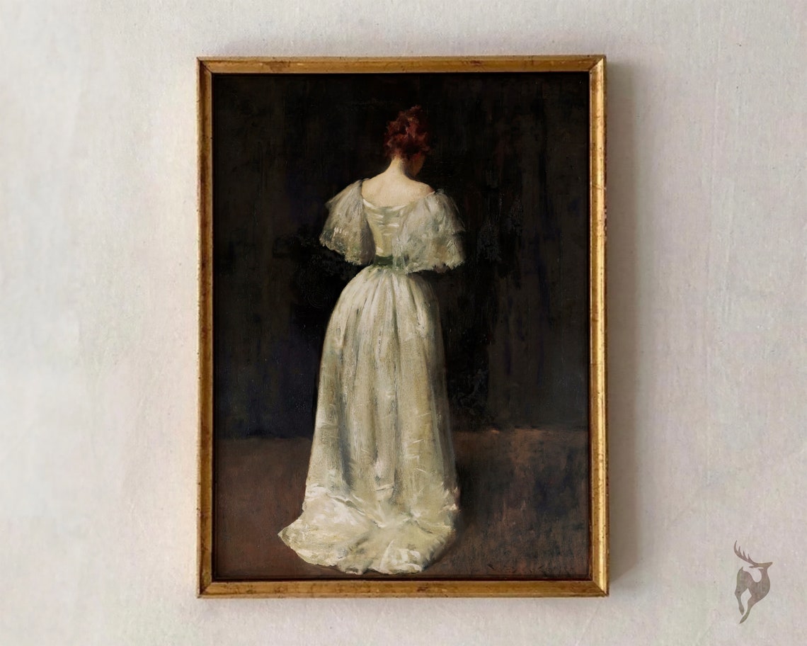 White Gown Woman Back View Dark Moody Portrait Painting Poster