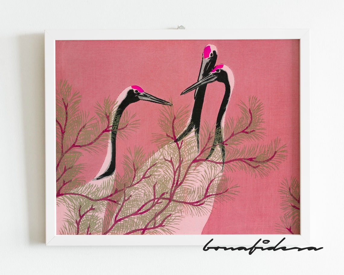Japanese Cranes on Pink Background with Pine Branches Poster