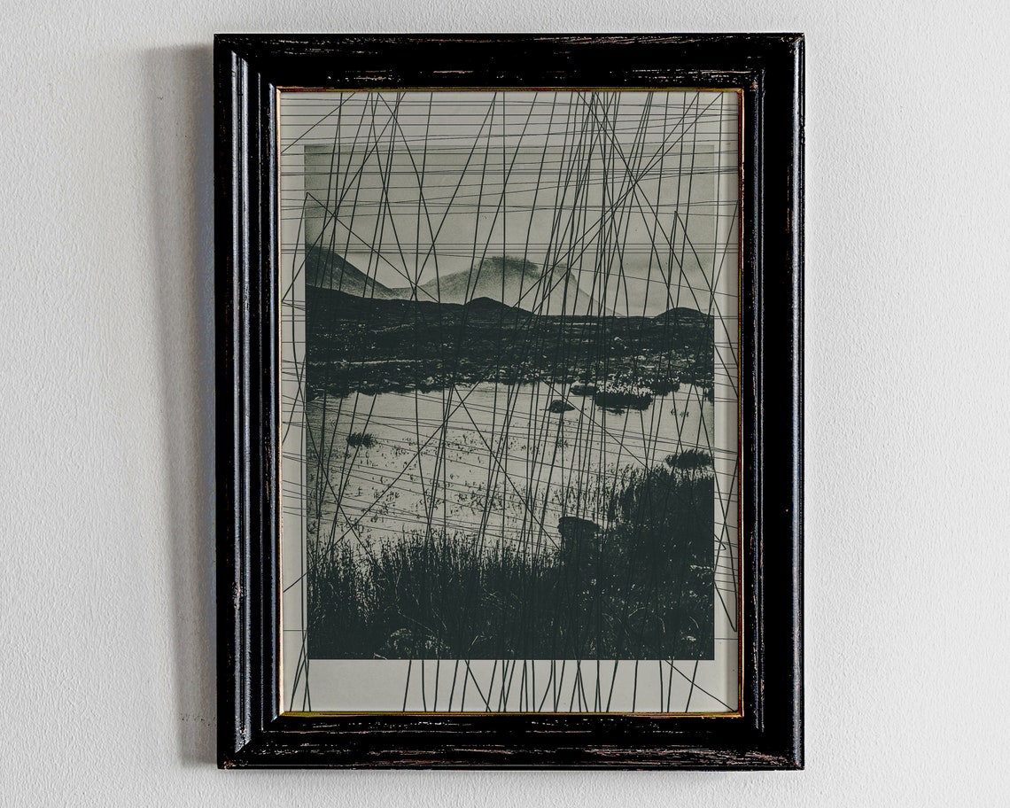 Dark Academia Black and White Mountain Lake Landscape Poster