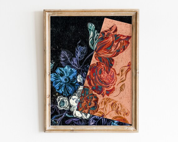 Funky Wall Art Floral Print Maximalist Decor Gallery Moody Flowers Feminine Colorful Vintage Oil Painting Altered