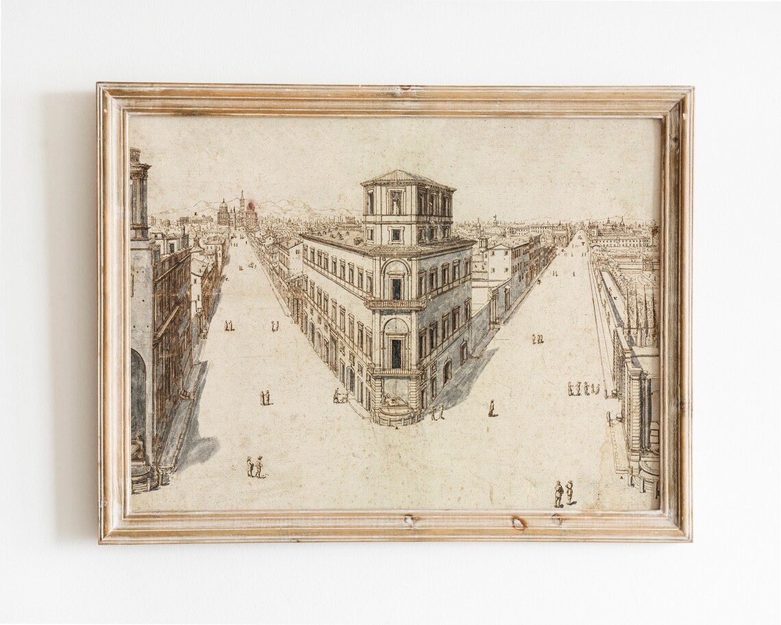 Historic European City Square Grand Palazzo Vintage Ink Drawing Poster