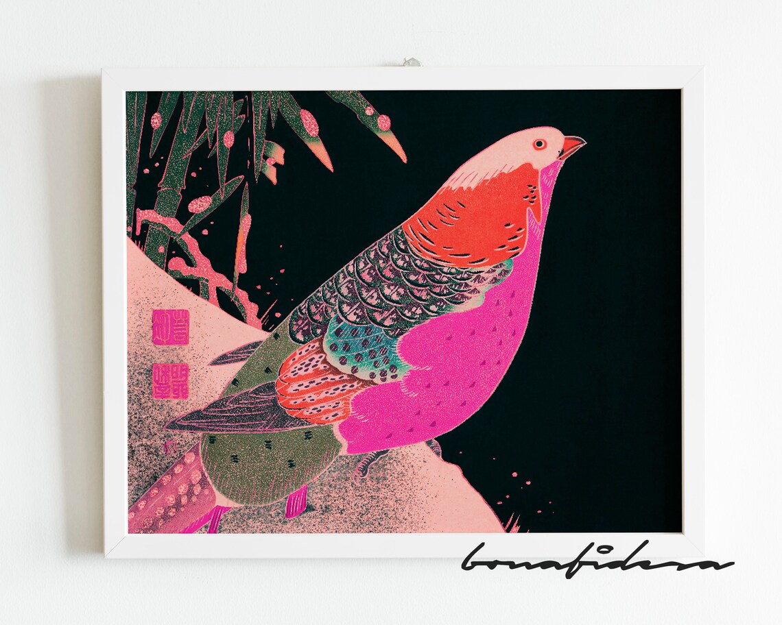 Japanese Bird Art Print Colorful Exotic Pheasant Bamboo Style
