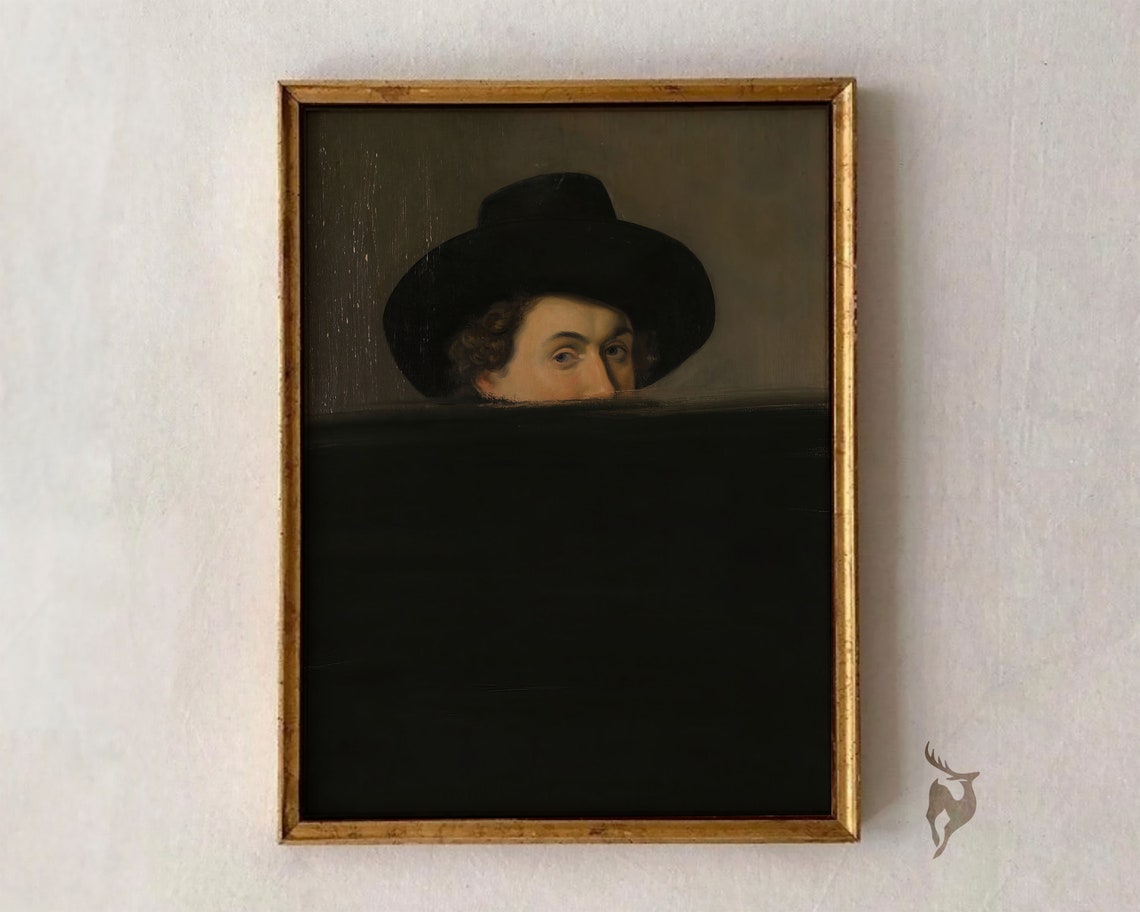 Altered Baroque Portrait Man in Black Hat Half Hidden Mystery Poster