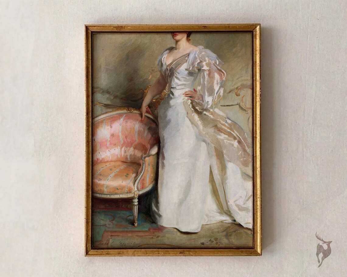 Elegant John Sargent Oil Portrait Woman in White Gown Wall Art