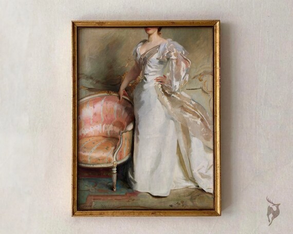 Elegant John Sargent Oil Portrait Woman in White Gown Wall Art