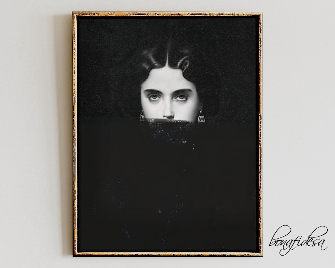 Black and White Altered Woman Portrait with Painted Over Face Art Poster