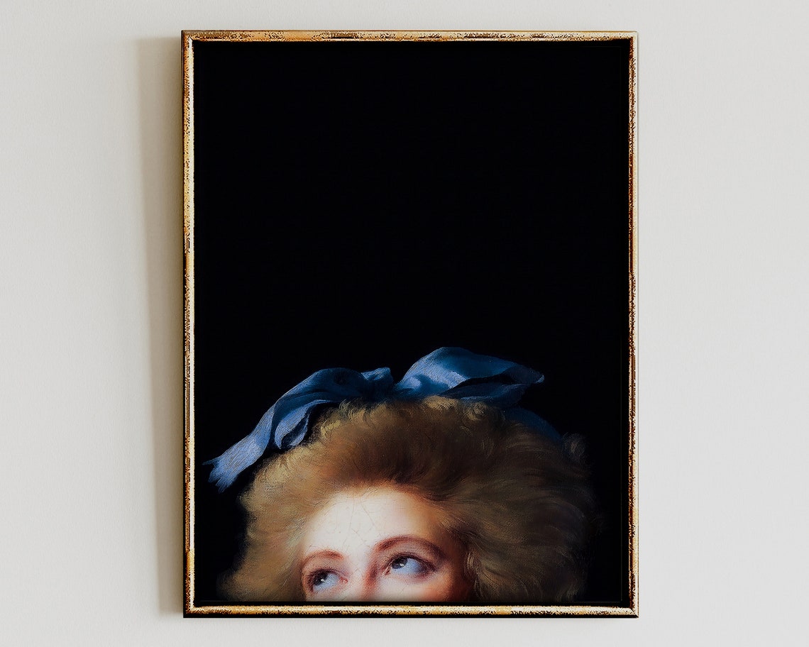 Altered Vintage Portrait Peekaboo Eyes Blue Bow Minimal Art Poster