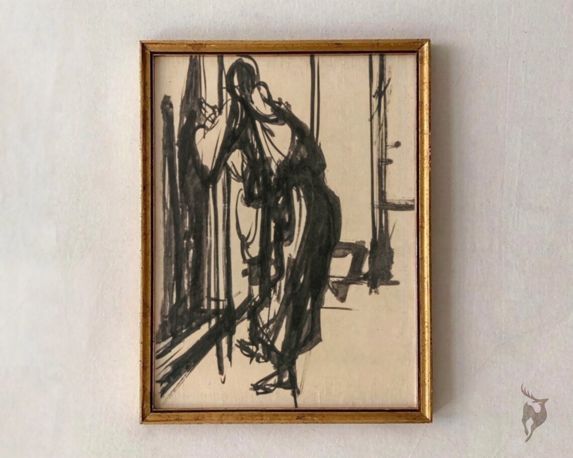 Black Ink Woman Figure Sketch Minimalist Vintage Line Drawing Print