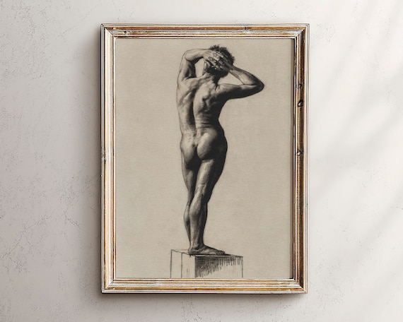 Male Nude Figure Charcoal Sketch Art Print