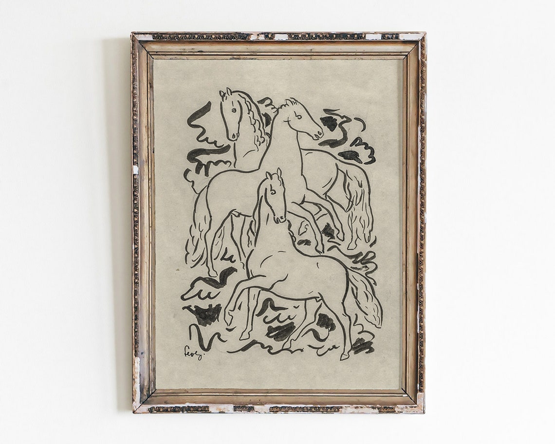 Minimalist White Horses Ink Drawing Abstract Equine Art Poster