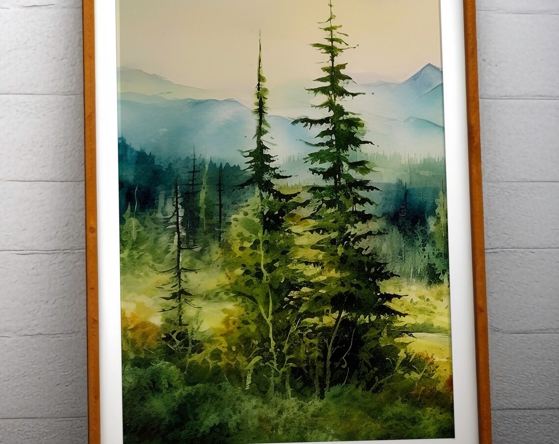Misty Green Pine Forest Watercolor Mountain Scenic Art Print