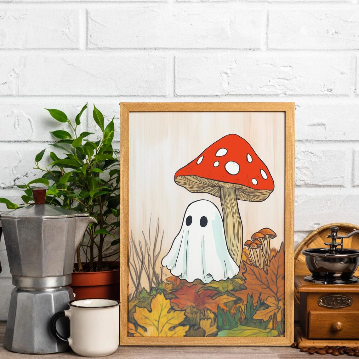 Cute Fall Ghost Sitting Beside Red Mushroom in Autumn Leaves Poster - Image 2