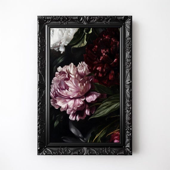 Victorian Peony Painting Moody Decor Dark Academia Art Gothic Floral Vintage Peonies Maximalist Art Print Botanical Cottagecore