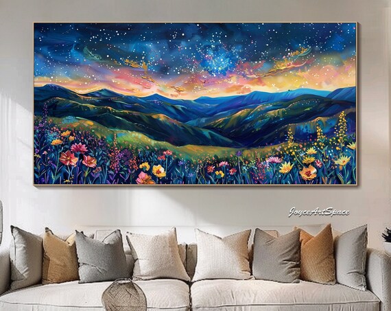 Starry Night Rolling Hills Wildflowers 3D Impasto Dreamy Wall Art