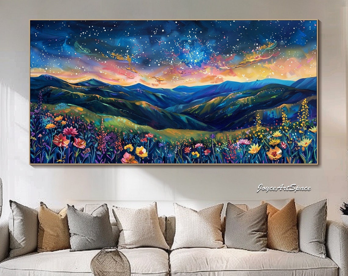 Starry Night Rolling Hills Wildflowers 3D Impasto Dreamy Wall Art