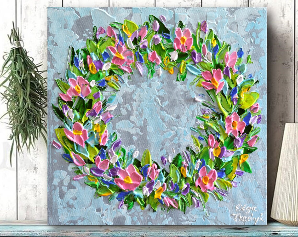 Pink Flower Wreath Spring Purple Blossom Blue Floral Art Poster