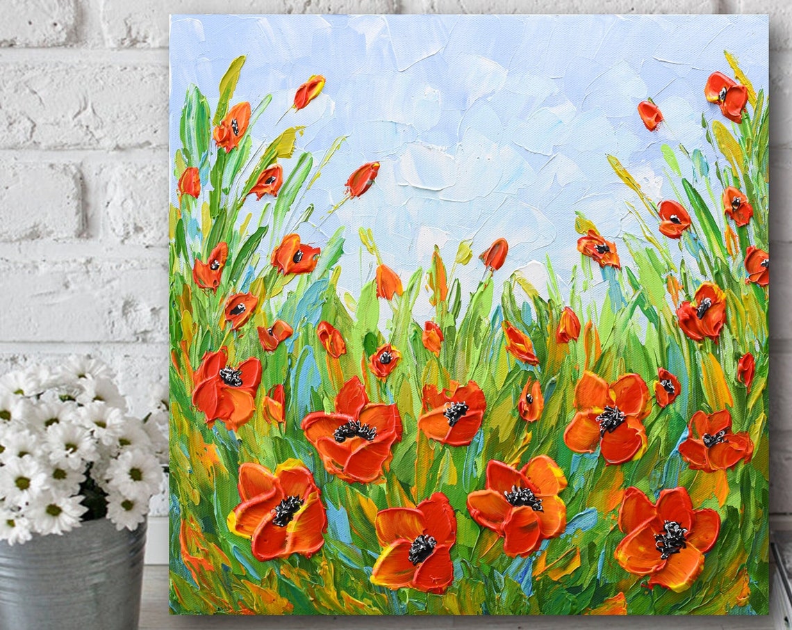 Red Poppy Meadow Green Grass Blue Sky Textured Impasto Art Poster