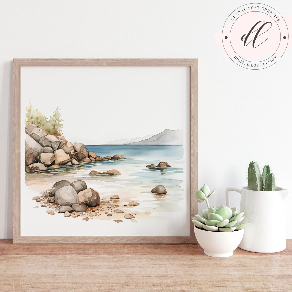 Watercolor Rocky Beach Cove with Mountains Serene Seascape Poster