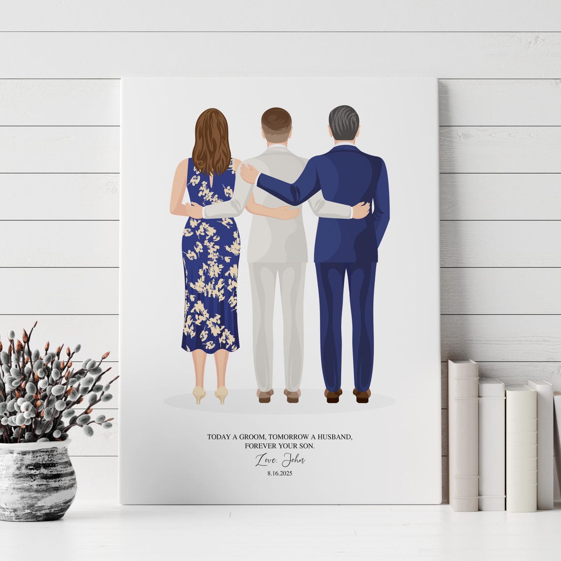 Groom With Parents Arms Around Back View Wedding Tribute Poster - Image 4