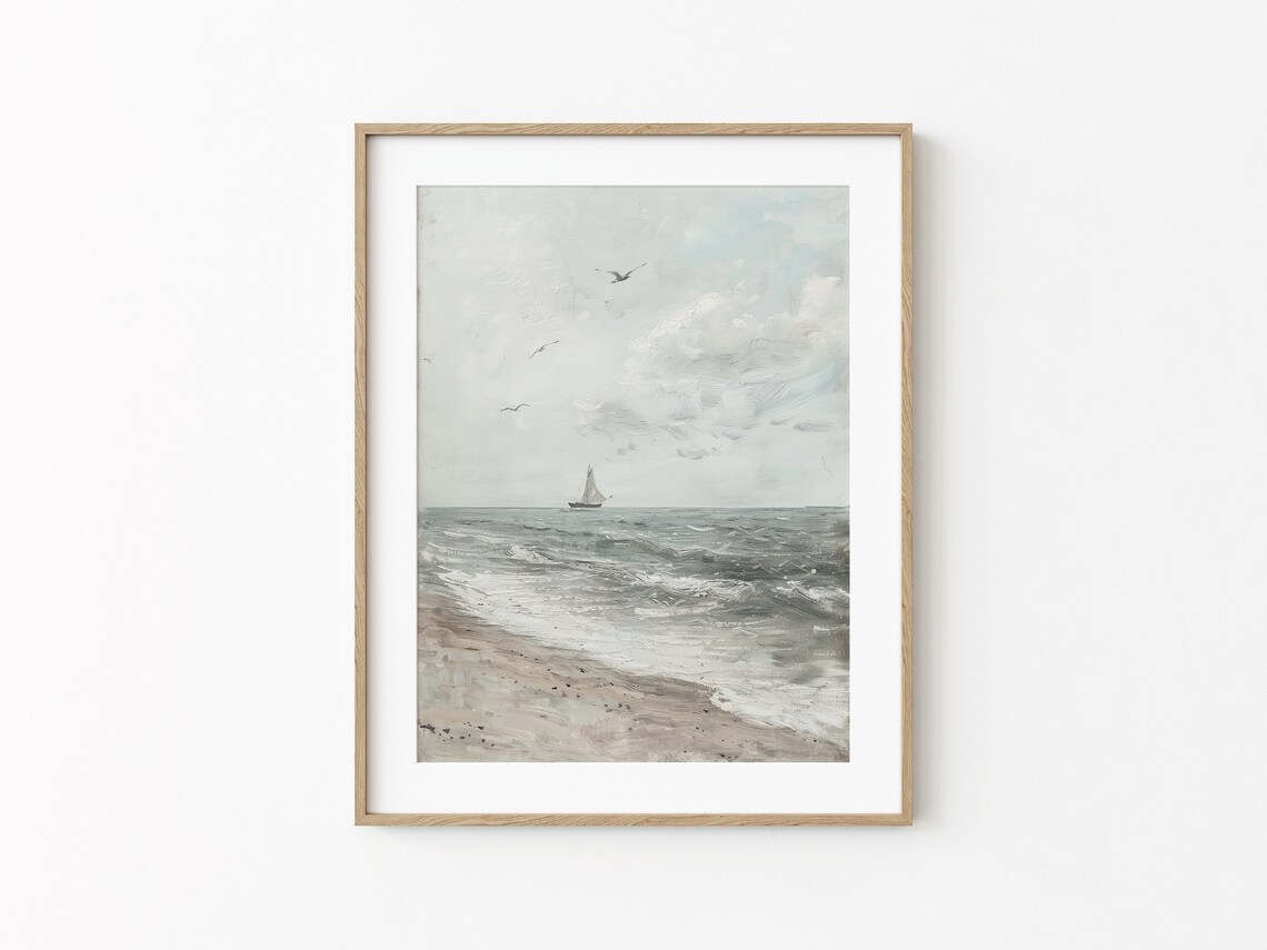 Vintage Sailboat Stormy Sea Beach Waves Seagulls Neutral Nautical Seascape Art Print - Image 4