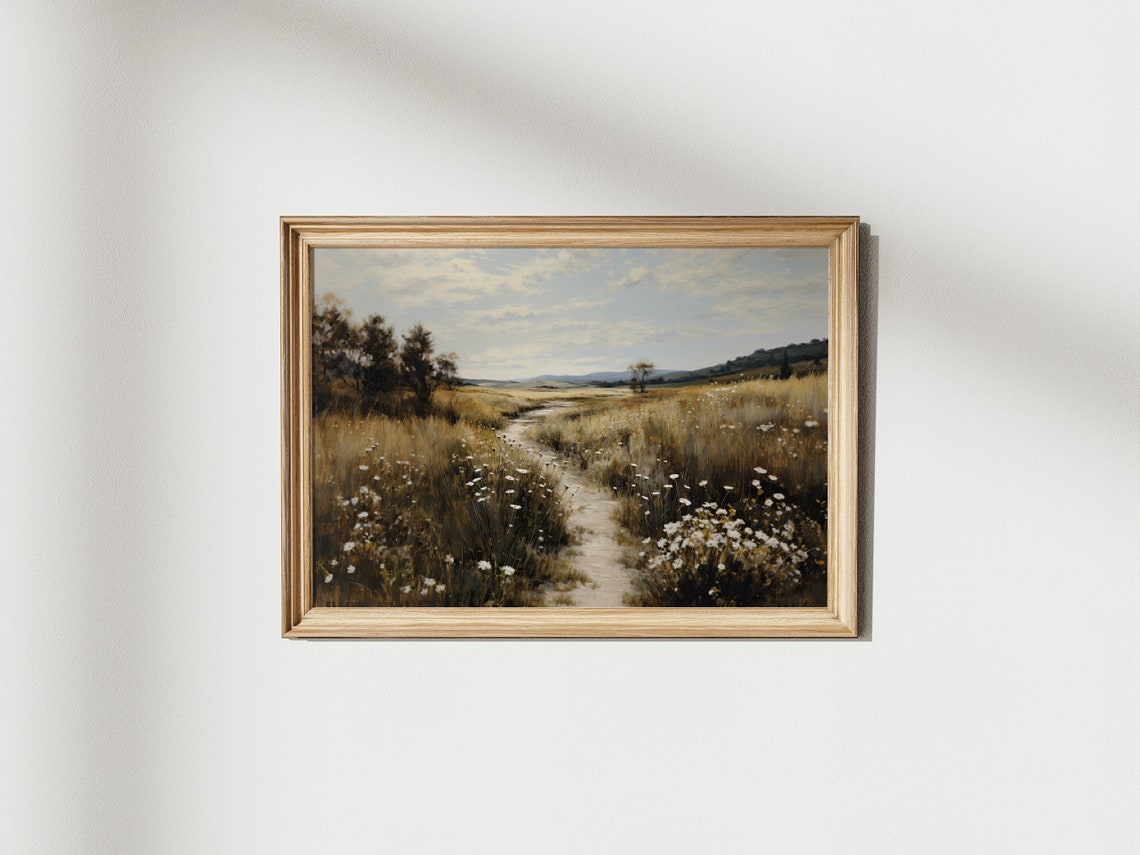 Wild Meadow Field Painting Vintage Meadow Country Land Path Landscape Painting Wildflower Field Print Country House Wall Decor - Image 3