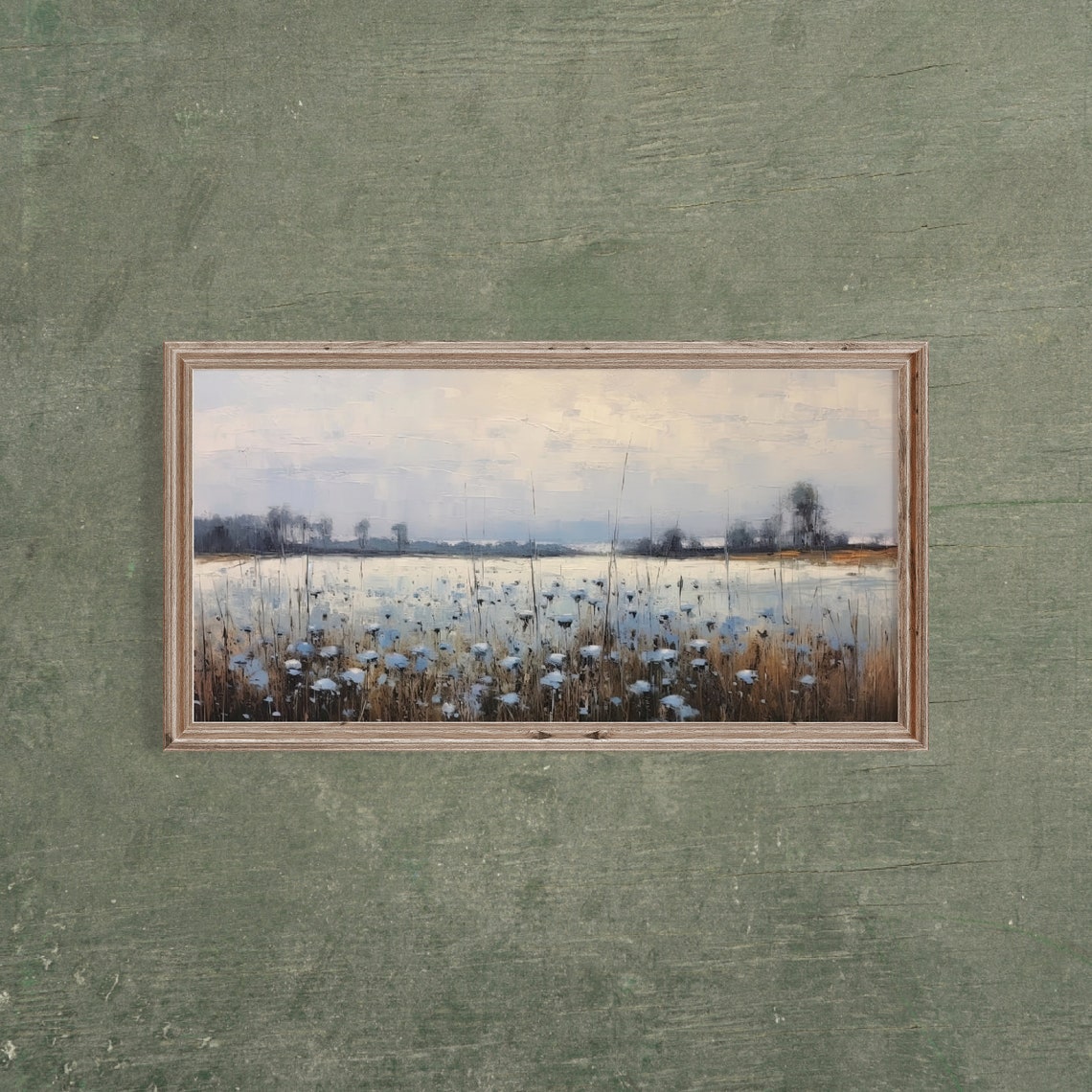 Panoramic Blue Wildflower Field Under Soft Misty Sky Vintage Poster - Image 3