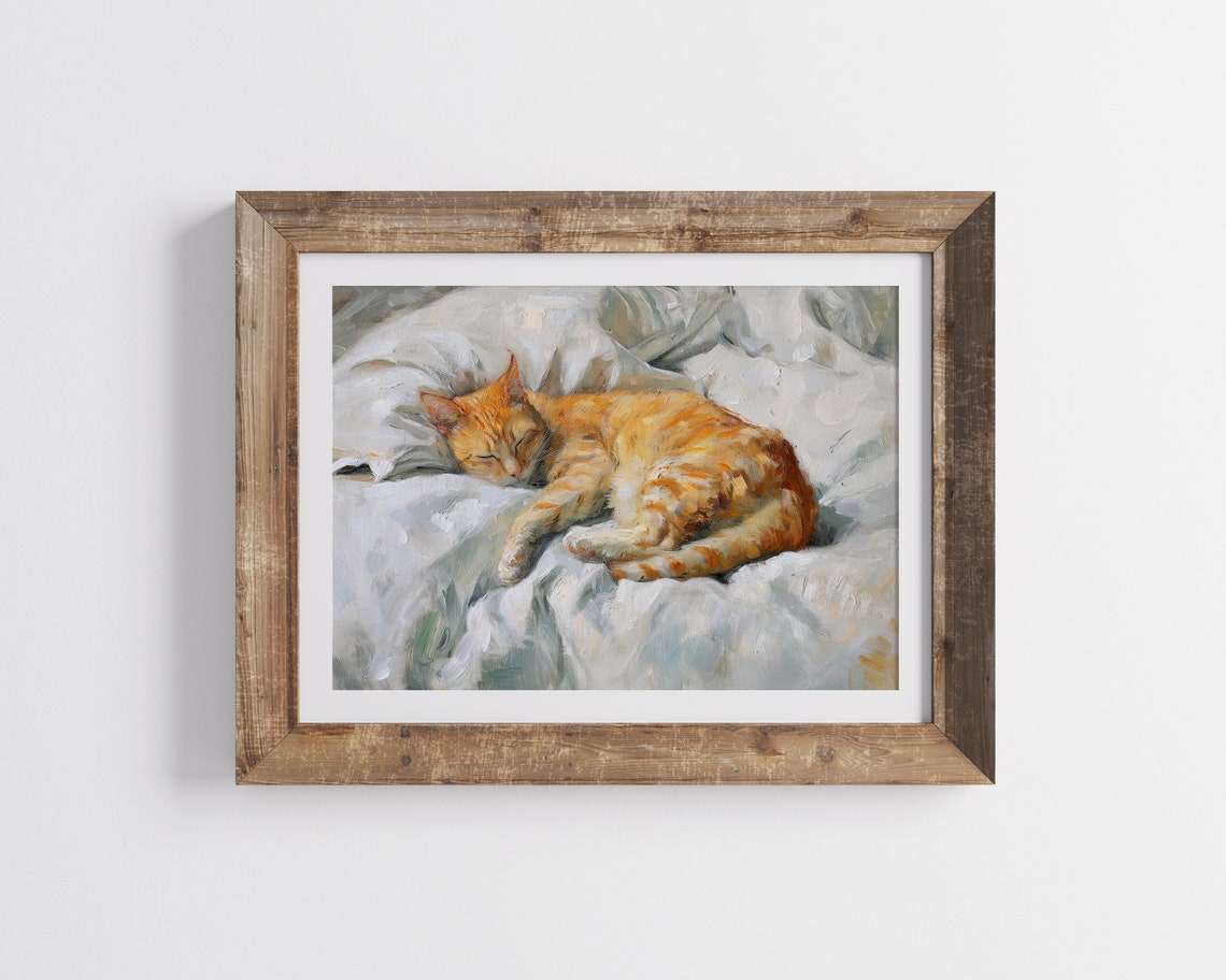 Ginger Tabby Cat Sleeping On White Bedding Vintage Oil Painting Poster - Image 3