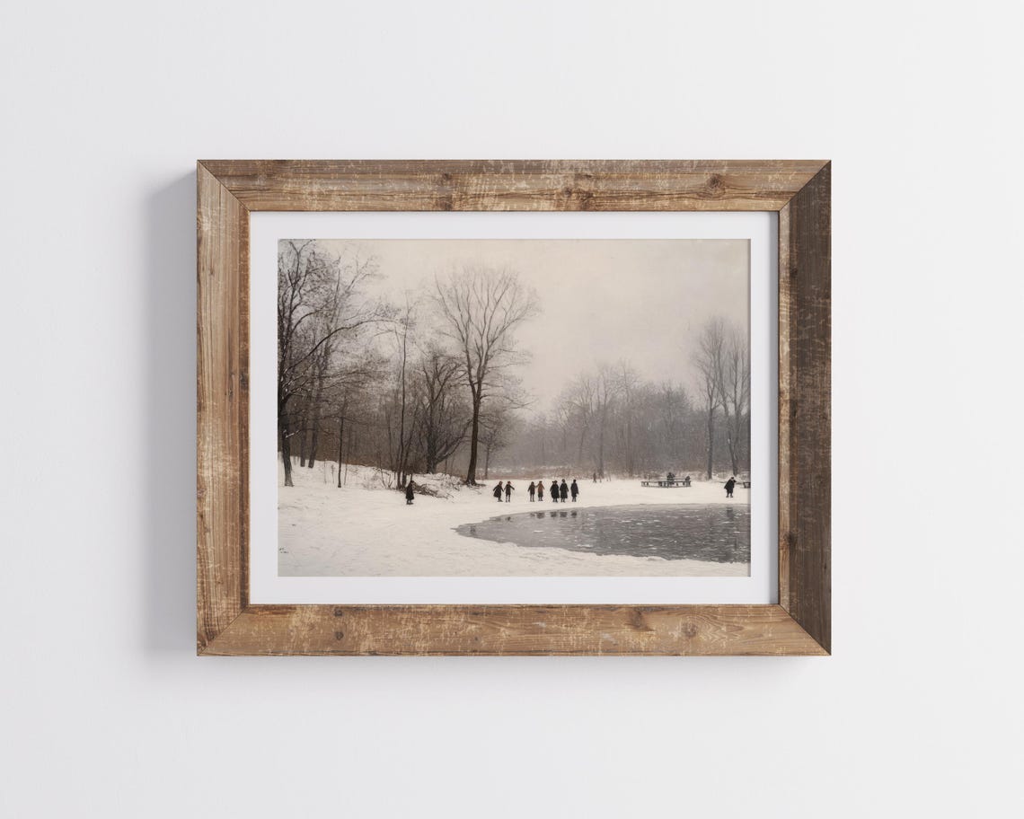 Frozen Pond Skaters In Snowy Park Bare Winter Trees Vintage Art Poster - Image 4