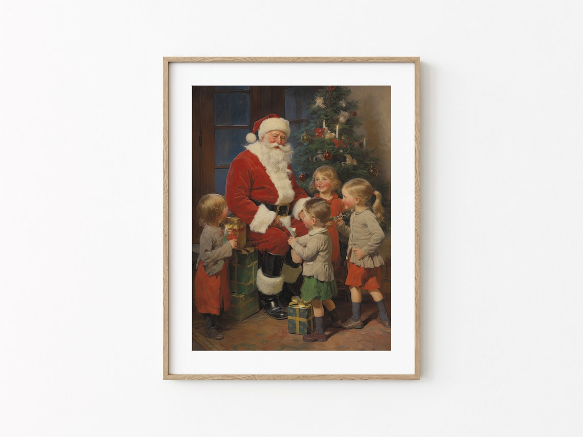 Vintage Painting Of Santa Claus Gifts To Children Cozy Christmas Wall Art Winter Core Holiday Print Positive Christmas Decor - Image 2