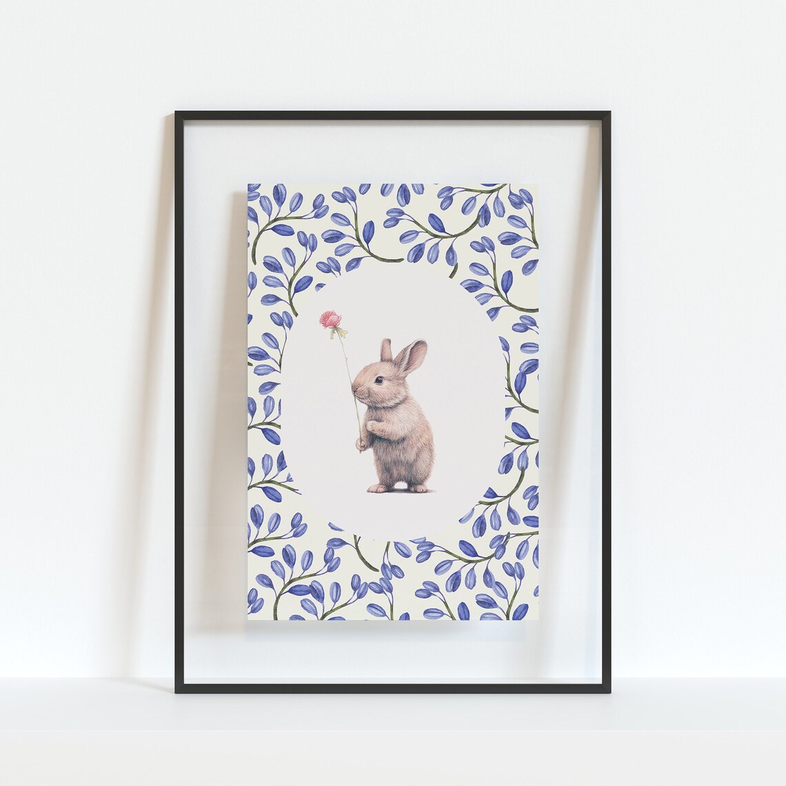 Bunny Holding Pink Rose Watercolor Blue Leaf Border Kids Room Art Poster - Image 3