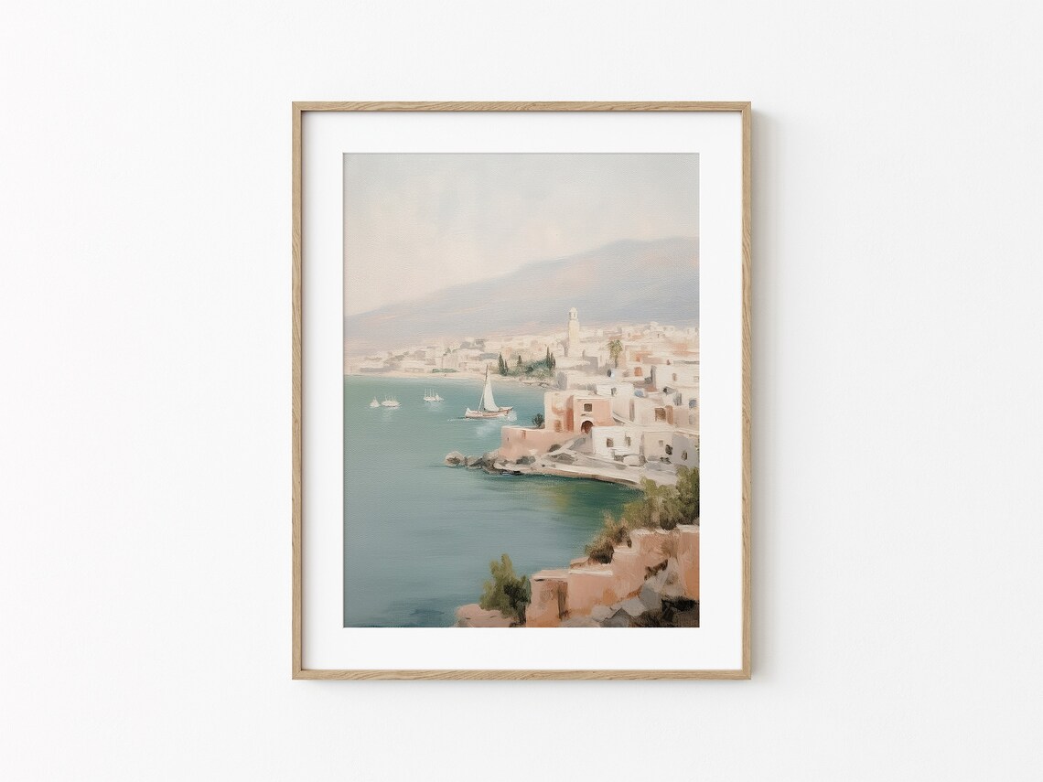 Santorini Greece Coastline With White Houses And Sailboats Travel Poster - Image 2