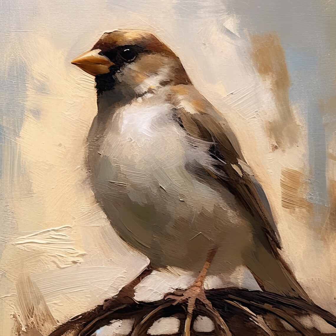 House Sparrow Perched On Vintage Birdcage Moody Bird Painting Poster - Image 2